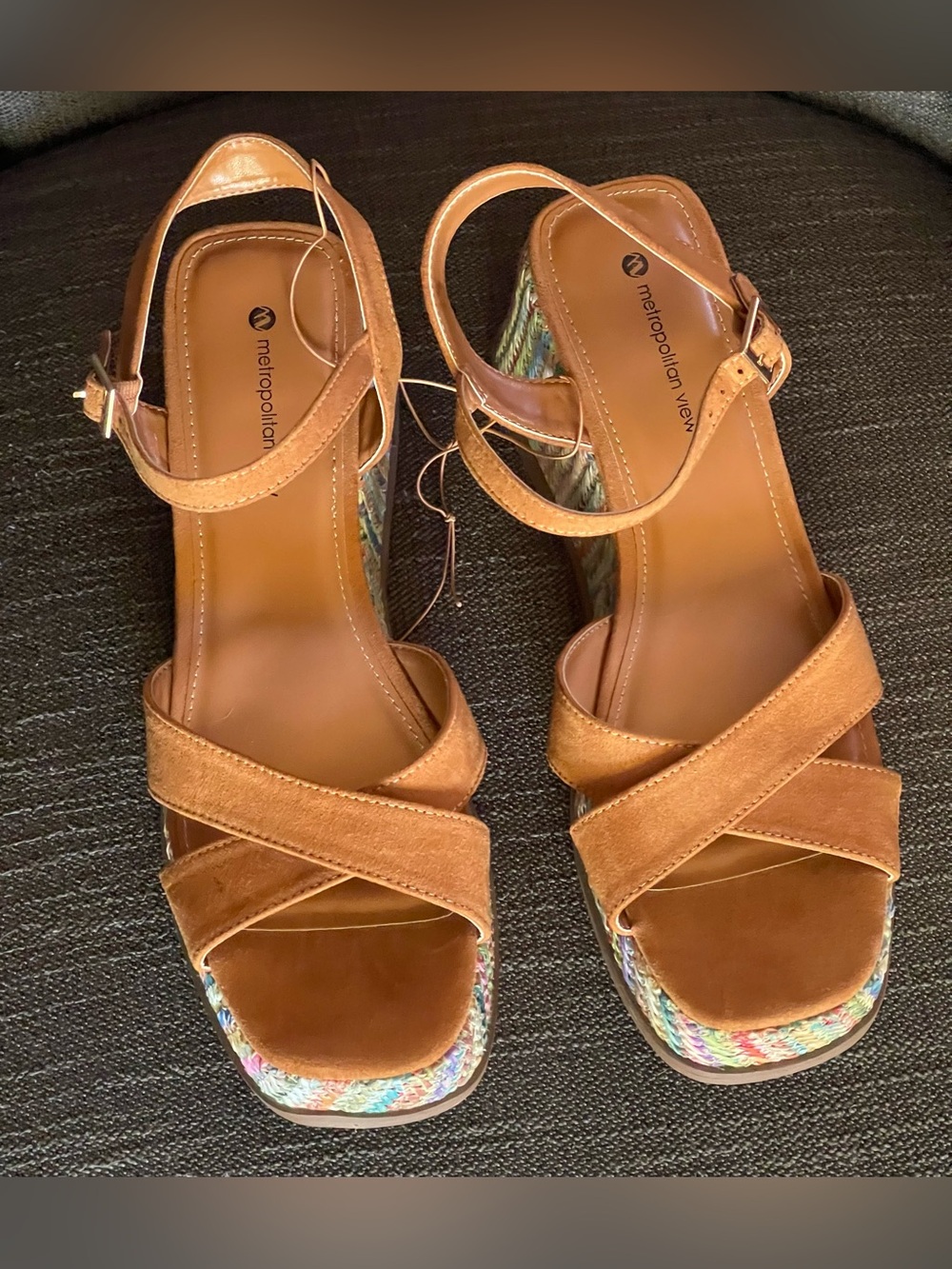 Metropolitan View Tan Suede Crisscross Wedge Sandals